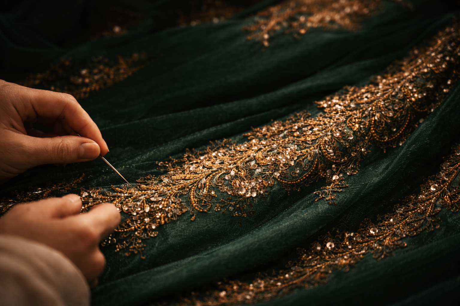 artisanat délicat sur tissu émeraude